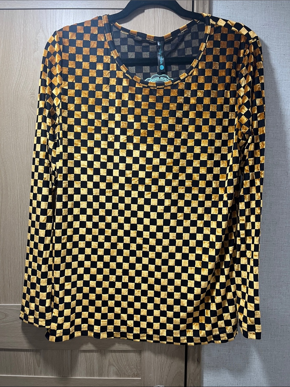 Mesh Checkerboard Velvet Long-Sleeve Tee in Gold and Black